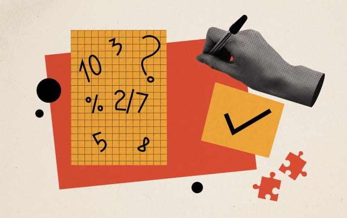A hand scrawling maths equations on an abstract collage