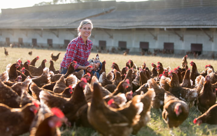 A smiling woman squatting among dozens of chooks
